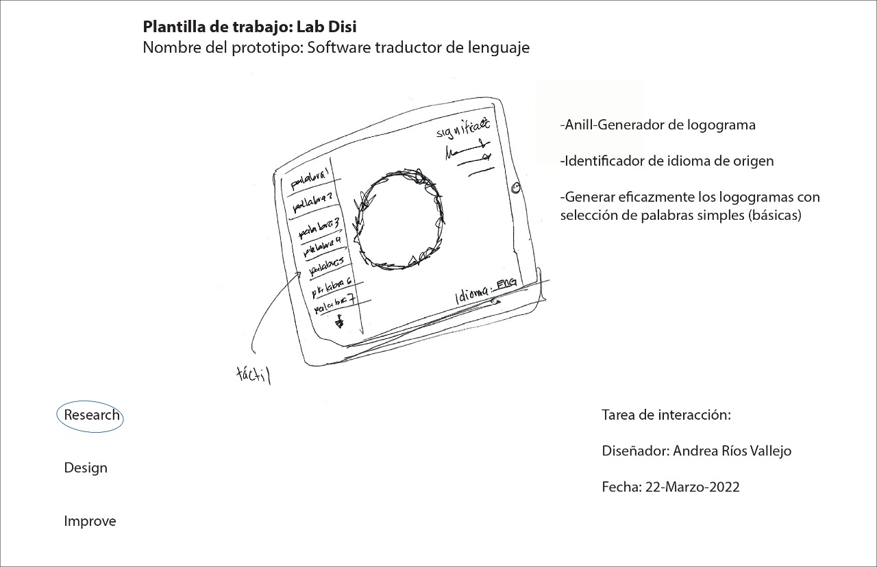 Boceto de tableta con software generador de lenguaje de logogramas que identifica el idioma de origen a partir de palabras simples