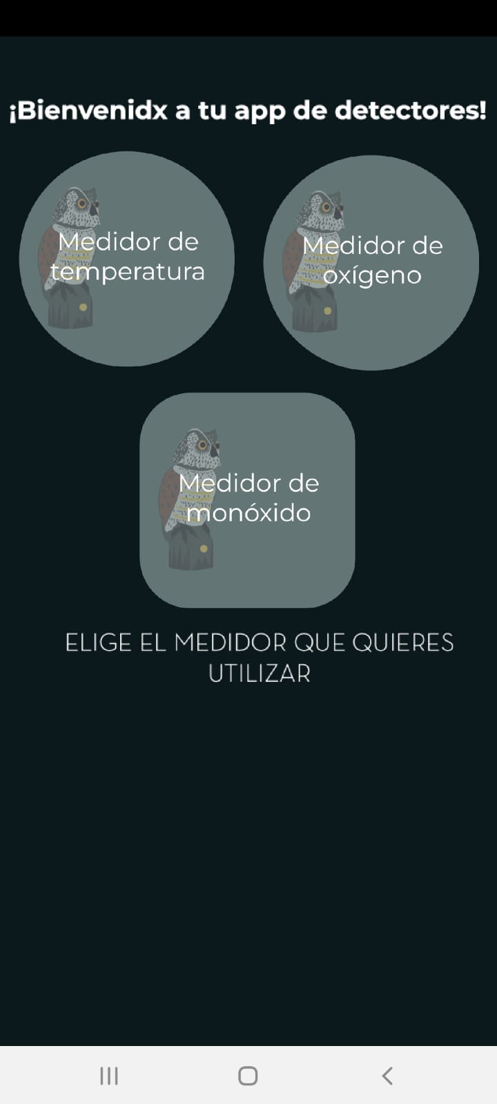 Interfaz de la aplicación del detector de gases en la que es posible escoger entre medidor de temperatura, oxígeno o monóxido