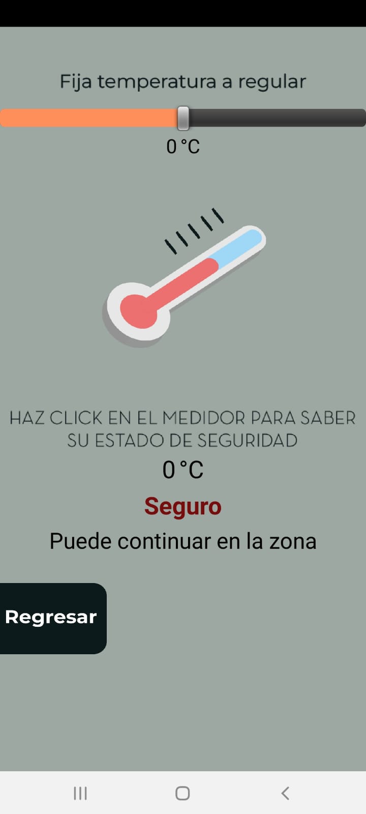 Interfaz de la aplicación en uso en la pantalla de temperatura donde se muestra la barra para fijar la temperatura regular y los mensajes de seguridad