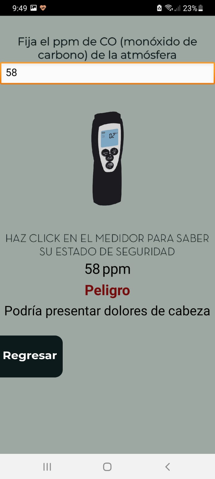 Interfaz de la aplicación en uso en la pantalla de mónoxido para fijar el valor de monóxido y la seguridad en el entorno